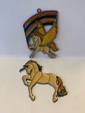 2 Vintage Suncatcher Ornaments - Winged Flying Rainbow Pegasus & Golden Unicorn